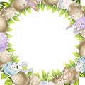 Watercolor hand drawn Easter celebration clipart. Circle wreath with eggs, bunnies, bows and spring leaves. Isolated on