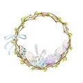 Watercolor hand drawn Easter celebration clipart. Pastel circle wreath with eggs, bunnies, bows and branches. Isolated