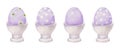 Watercolor hand drawn Easter celebration clipart. Set of painted eggs in porcelain cups. Pastel color. Isolated on white
