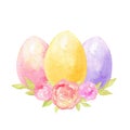 Watercolor hand drawn easter colorful eggs decorated with pink flowers composition isolated on white background Royalty Free Stock Photo