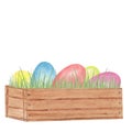 Watercolor hand drawn Easter composition with colorful eggs and green grass in a wooden box isolated on white background. Royalty Free Stock Photo