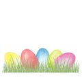 Watercolor hand drawn Easter composition with colorful eggs on spring green grass isolated on white background. Royalty Free Stock Photo