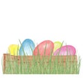 Watercolor hand drawn Easter composition with colorful eggs in a wooden box on green grass isolated on white background. Royalty Free Stock Photo