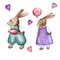 Watercolor hand drawn Easter illustrations of 2 bunnies - a boy in turquoise suit with pink egg in paws and a girl in violet dress