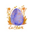 Watercolor hand drawn easter purple mottled egg surrounded floral beige ornament on the white background.