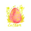 Watercolor hand drawn easter red mottled egg surrounded floral yellow ornament on the white background.