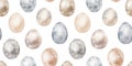 Watercolor hand drawn Easter seamless pattern with delicate illustration of different bird eggs, hen, quail eggs