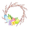 Watercolor hand drawn Easter wreath with pussy willow branches, crocus flower, leaves and colorful eggs isolated on white backgrou