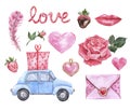 Watercolor hand drawn elements for Valentines Day. Retro car, lips, red rose, gift box, strawberry, isolated on white background