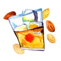 Watercolor hand drawn expressive illustration with glass of amaretto liquor and almonds Royalty Free Stock Photo