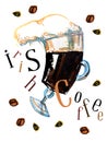 Watercolor hand drawn expressive illustration with glass of irish coffee and title