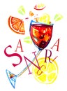 Watercolor hand drawn expressive illustration with glass of sangria, lemons and title