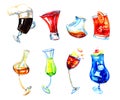 Watercolor hand drawn expressive illustration with glasses of different alcohol drinks. Irish coffee, limoncello, negroni Royalty Free Stock Photo