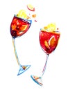 Watercolor hand drawn expressive illustration with glasses of sangria