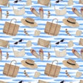 Watercolor hand-drawn fashion pattern with blue waves, straw bags, straw hats, sunglasses, feathers, seashells. Summer seamless pa Royalty Free Stock Photo