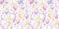 Watercolor hand drawn festival seamless pattern with delicate illustration of colorful pink, purple, yellow baby flying Royalty Free Stock Photo