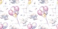 Watercolor hand drawn festival seamless pattern with delicate illustration of colorful pink, purple, yellow baby flying Royalty Free Stock Photo