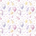 Watercolor hand drawn festival seamless pattern with delicate illustration of colorful purple, pink, yellow baby flying Royalty Free Stock Photo