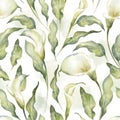Watercolor hand drawn floral seamless pattern with delicate illustration of blossom white calla lily flowers, leaf