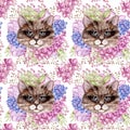 Watercolor Hand Drawn floral Seamless Patttern with cat for card making, paper, textile, printing, packaging