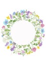 Watercolor hand drawn floral summer round frame with copy space and wild meadow flowers Royalty Free Stock Photo