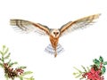 Watercolor hand-drawn forest flying owl isolated on a white background Royalty Free Stock Photo