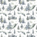 Watercolor hand drawn forest seamless pattern with delicate illustration of coniferous trees spruce, fir, pine, foggy Royalty Free Stock Photo