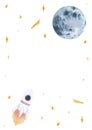 Watercolor hand drawn frame with copy space and outer space elements rocket, stars, moon, comets