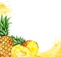 watercolor hand drawn frame with pineapple, half and slices ripe pineapple, pineapple rings and stream of juicy, sketch