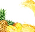 watercolor hand drawn frame with pineapple, half and slices ripe pineapple, pineapple rings and stream of juicy, sketch