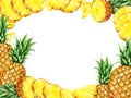 watercolor hand drawn frame with pineapple with half and slices ripe pineapple, sketch of yellow tropical fruit, food
