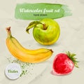 Watercolor hand drawn fruit set on paper. Green apple, strawberry and banana. Royalty Free Stock Photo