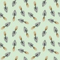 Watercolor hand drawn garden tools seamless pattern on green background. Vintage metal small shovels background in random Royalty Free Stock Photo