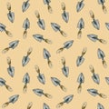 Watercolor hand drawn garden tools seamless pattern on peach colored background. Vintage metal small shovels background in random