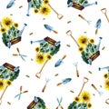 Watercolor hand drawn garden tools  seamless pattern Royalty Free Stock Photo