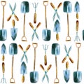Watercolor hand drawn garden tools seamless pattern Royalty Free Stock Photo