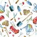 Watercolor hand drawn garden tools  seamless pattern Royalty Free Stock Photo