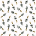 Watercolor hand drawn garden tools seamless pattern on white. Vintage metal small shovels background in random composition for Royalty Free Stock Photo