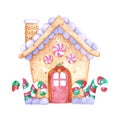 Watercolor hand drawn gingerbread house with candy canes. Christmass illustration isolated on white background. Can be used for Royalty Free Stock Photo