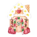 Watercolor hand drawn gingerbread house with sweets. Christmass illustration isolated on white background. Can be used for post Royalty Free Stock Photo