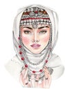 Watercolor hand drawn girl in national armenian costume. Fashionable women. Stylish sketch. Fashion illustration