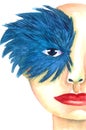 Watercolor hand drawn girl in vintage carnival blue mask and feather decoration. Royalty Free Stock Photo