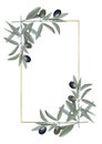 Watercolor hand drawn gold frame with olive branches with green and black fruit on trendy earthy hue isolated on white background.