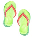 Watercolor hand drawn green flip flops pair with red elements isolated on white background