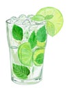Watercolor hand drawn green mojito cocktail glass with mint,lime and ice isolated on white background