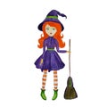 Halloween illustration joyful red-haired Girl Little Witch standing with broom