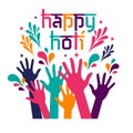 Banner design Happy Holi celebration card. Invitation card in vector with hand and palms. Royalty Free Stock Photo