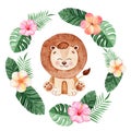 Watercolor hand drawn happy lion in tropical wreath with flowers and palm leaves isolated on white background