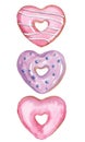 Watercolor hand drawn heart shaped pink donuts set isolated on white background Royalty Free Stock Photo