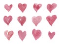 Watercolor hand-drawn hearts for design, background and textile. Artistic isolated illustration.